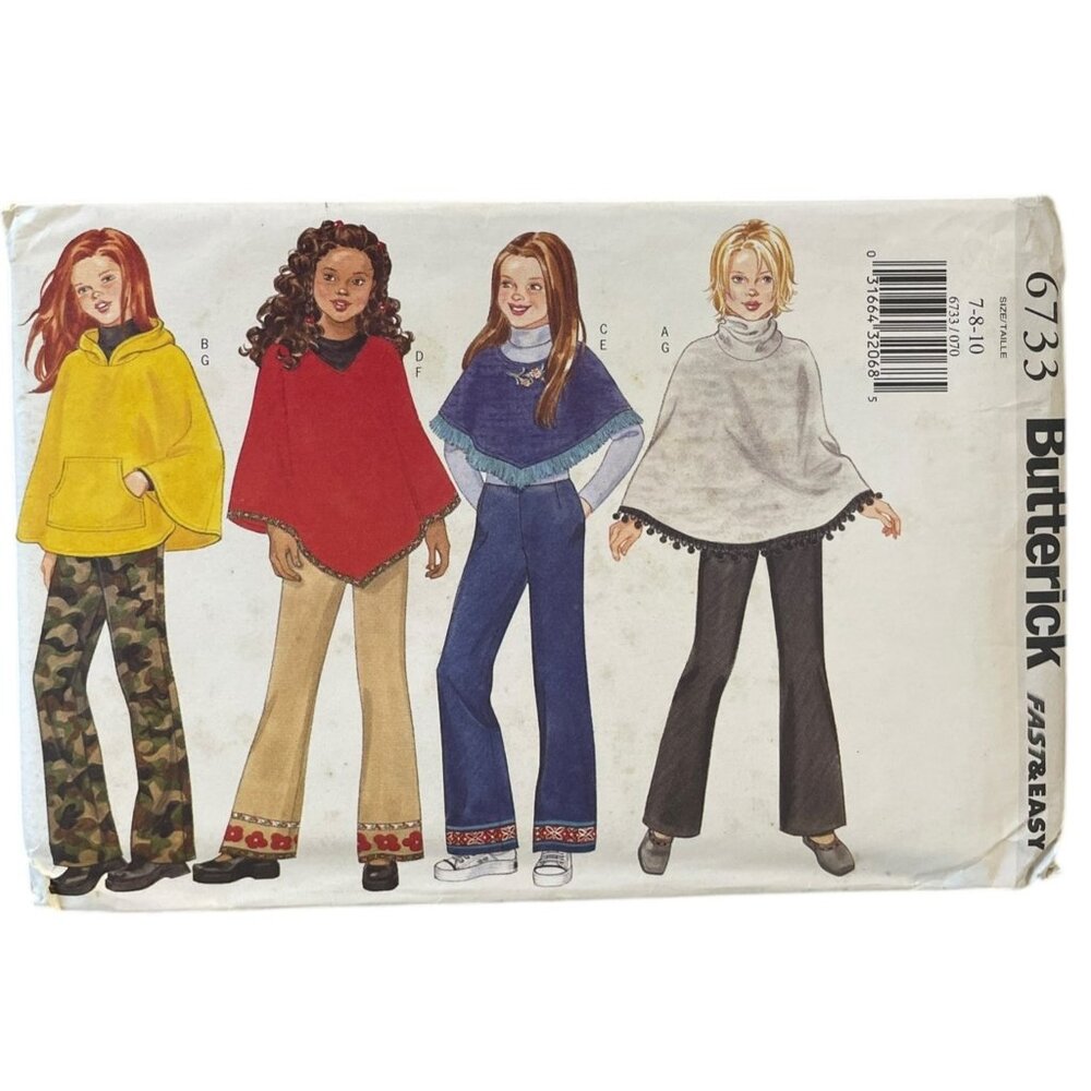 Butterick 6733 Girls Poncho & Pants Sewing Pattern Size 7-10